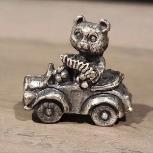 Vintage Silver Colored Miniature Teddy Bear in Car Figurine [ READ DETAILS ]